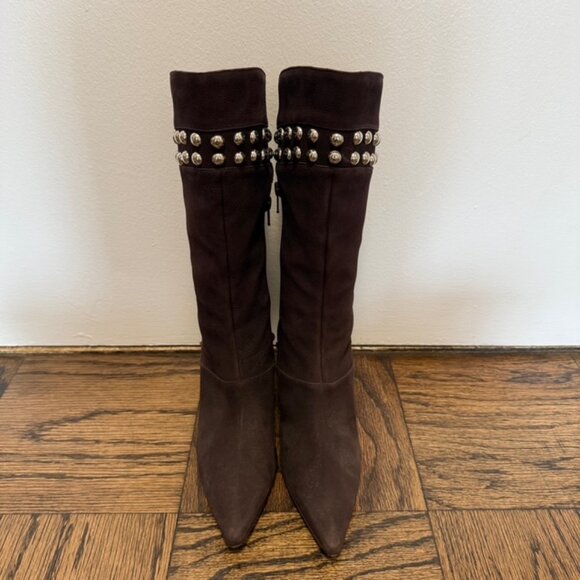 Manolo Blahnik Nenbiemi Brown Nubuck Leather Boots w/Silver Studs Size 38.5 US 8 - Picture 3 of 13